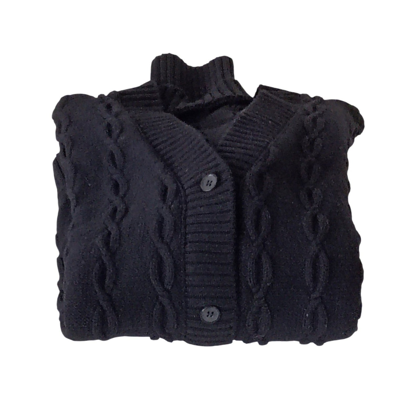 VISTA-Wool Blnd Black Cable Knit Btn Front V Neck Cardigan Sweater Alice Turtle