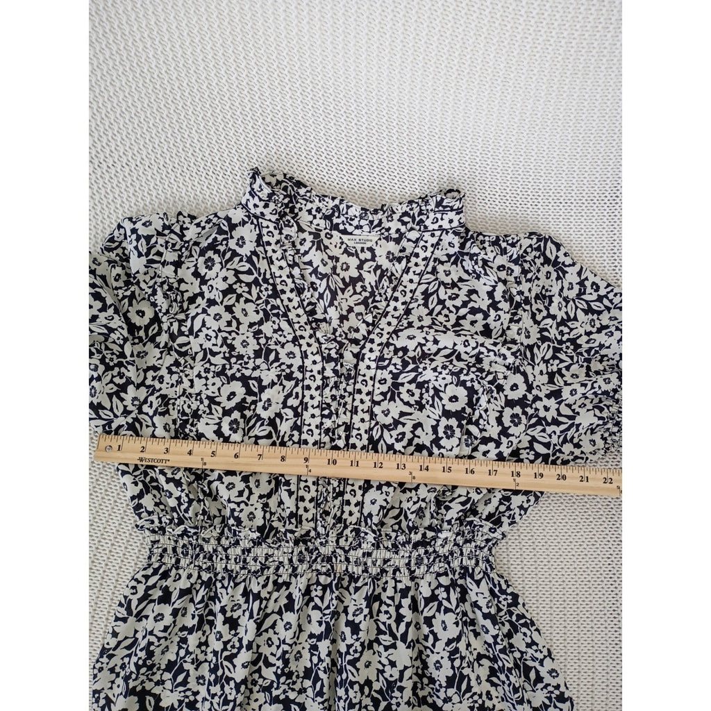 Max Studio London Black White Floral Smocked Waist Tiered Midi Dress Medium
