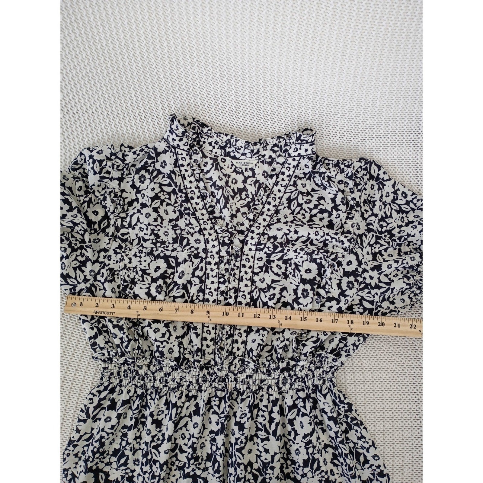 Max Studio London Black White Floral Smocked Waist Tiered Midi Dress Medium