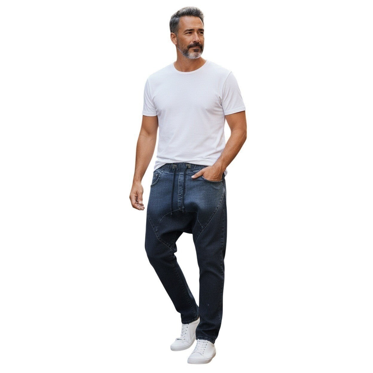 CHE DA LANG Relaxed Denim Drawstring Waist L 100% Cotton Tapered Dark Wash Moto