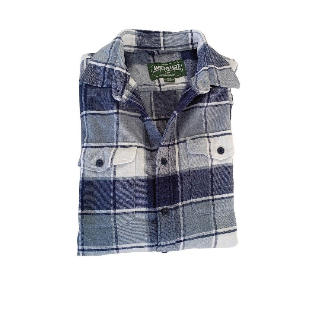 American Eagle Blue White Plaid Flannel Shirt Medium 100% Cotton Long Slve NWOT
