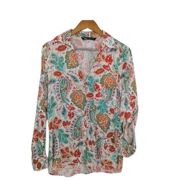 ZARA Paisley Print Viscose Button Up White Multi S Ornamental Intricate Chic