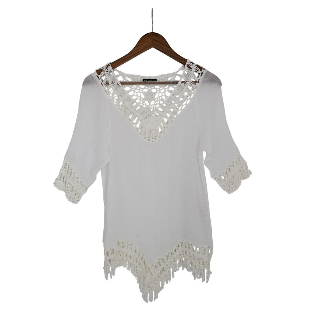 VENUS Made in Italy White Crochet Lace Cotton V Neck Tunic Cover Up Boho L