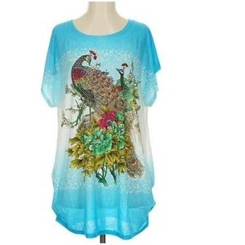 I STYLE Tropical Turquoise Blue Peacock Floral Print Sht Sleeve Tunic Top L