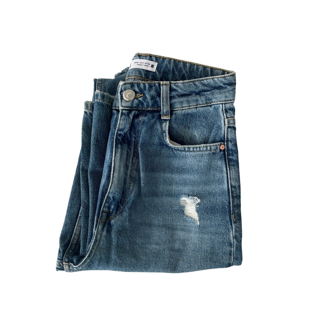 ZARA High Waist Straight Leg Distressed Blue Jeans 2 26x33 Tall 90s Grunge Y2K
