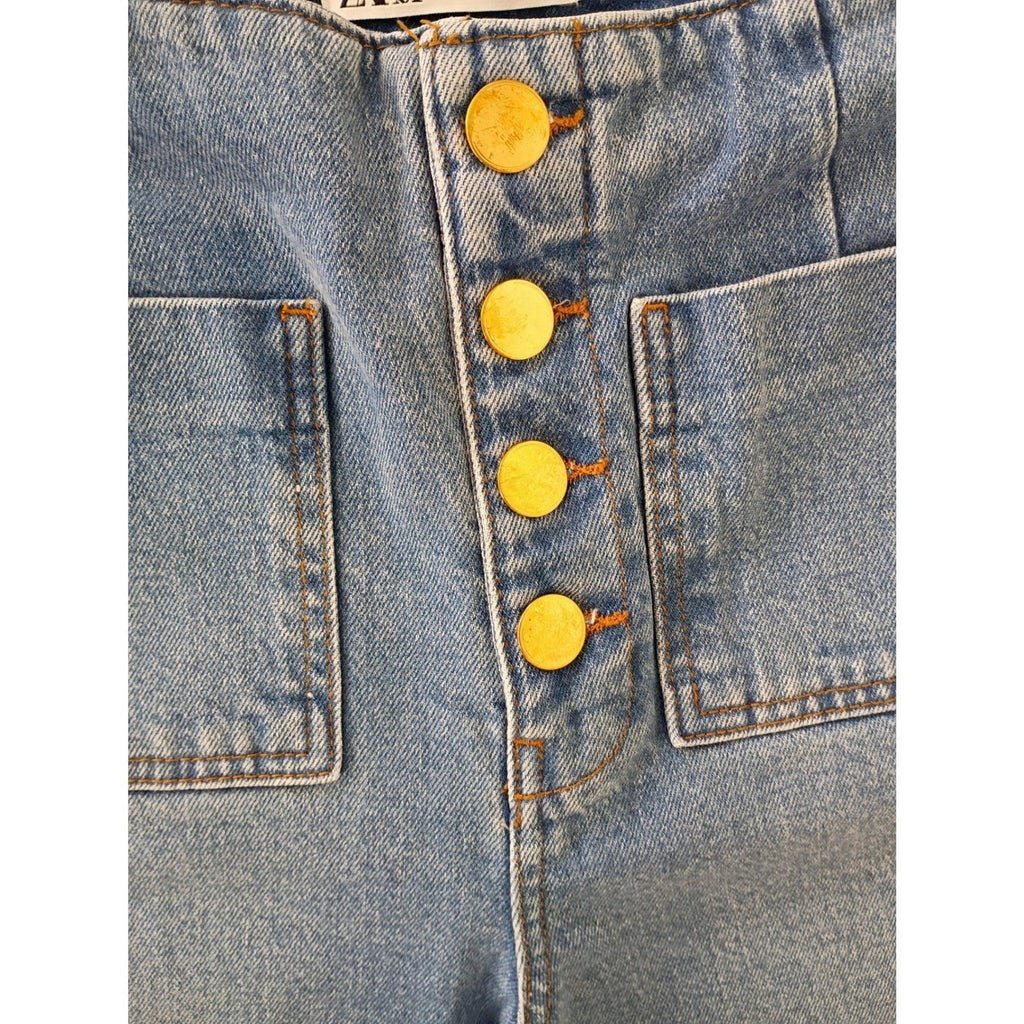 ZARA Super High Rise 13" Wide Leg Jeans Blue Patch Pocket Button Fly 4 W26x25