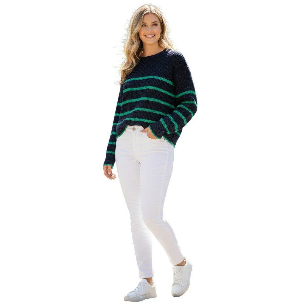 GAP NWT Navy Green Striped 100% Cotton Crewneck Sweater L Pullover Relaxed Fit