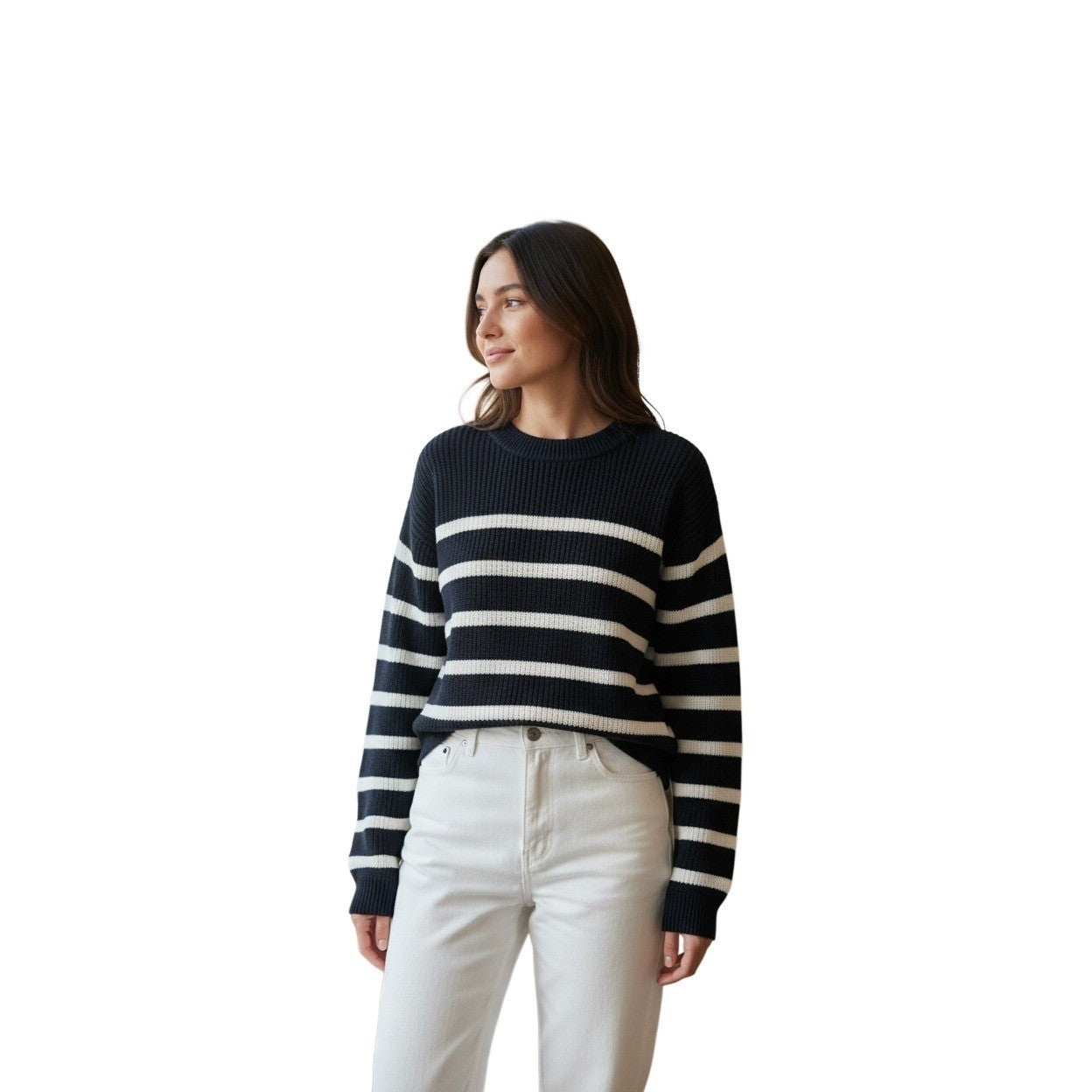 H&M Striped Coastal Cotton Blend Sweater Navy White Crew Neck Fits S/M Ribbed