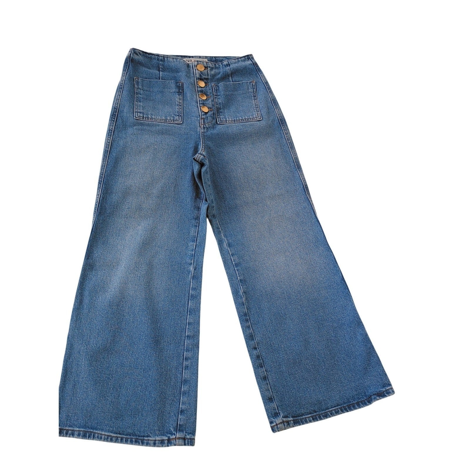 ZARA Super High Rise 13" Wide Leg Jeans Blue Patch Pocket Button Fly 4 W26x25