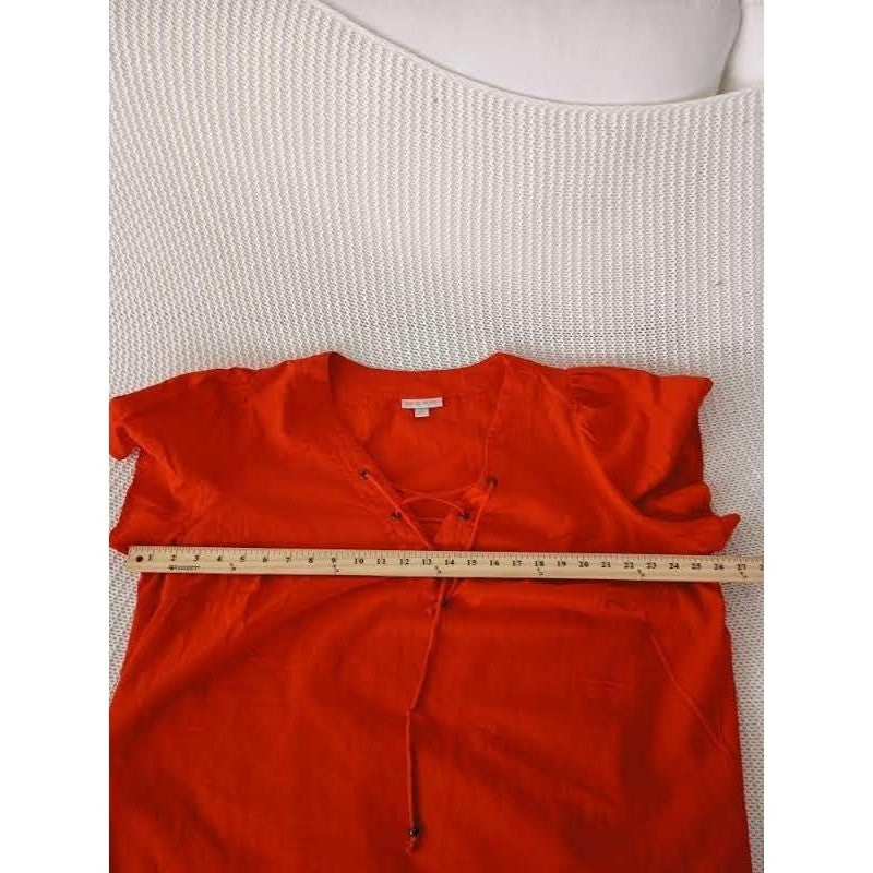 Knox Rose Red Lace Up 100% Cotton Bohemian Blouse  Fits L/ XL Short Slve V-Neck