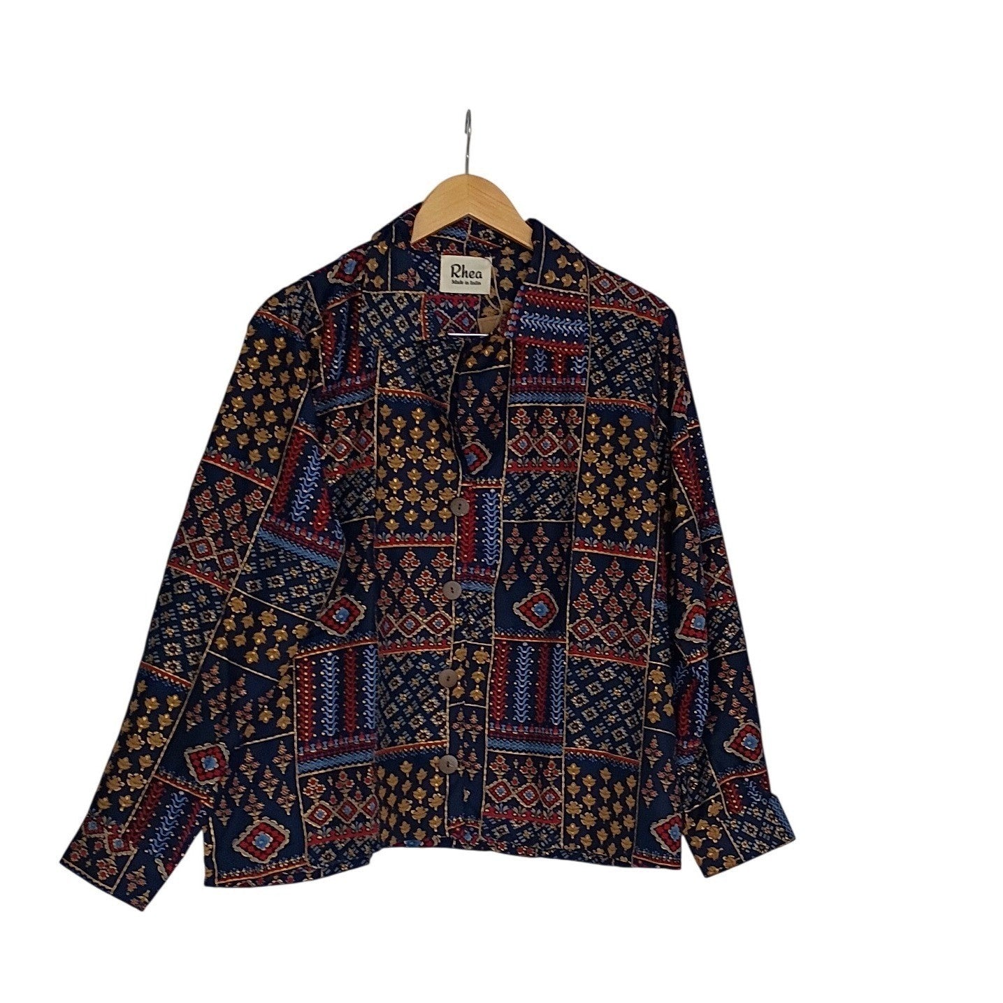 RHEA NWT Silk Blend Navy Patchwork Block Print Button Down Shirt S/M Boho India