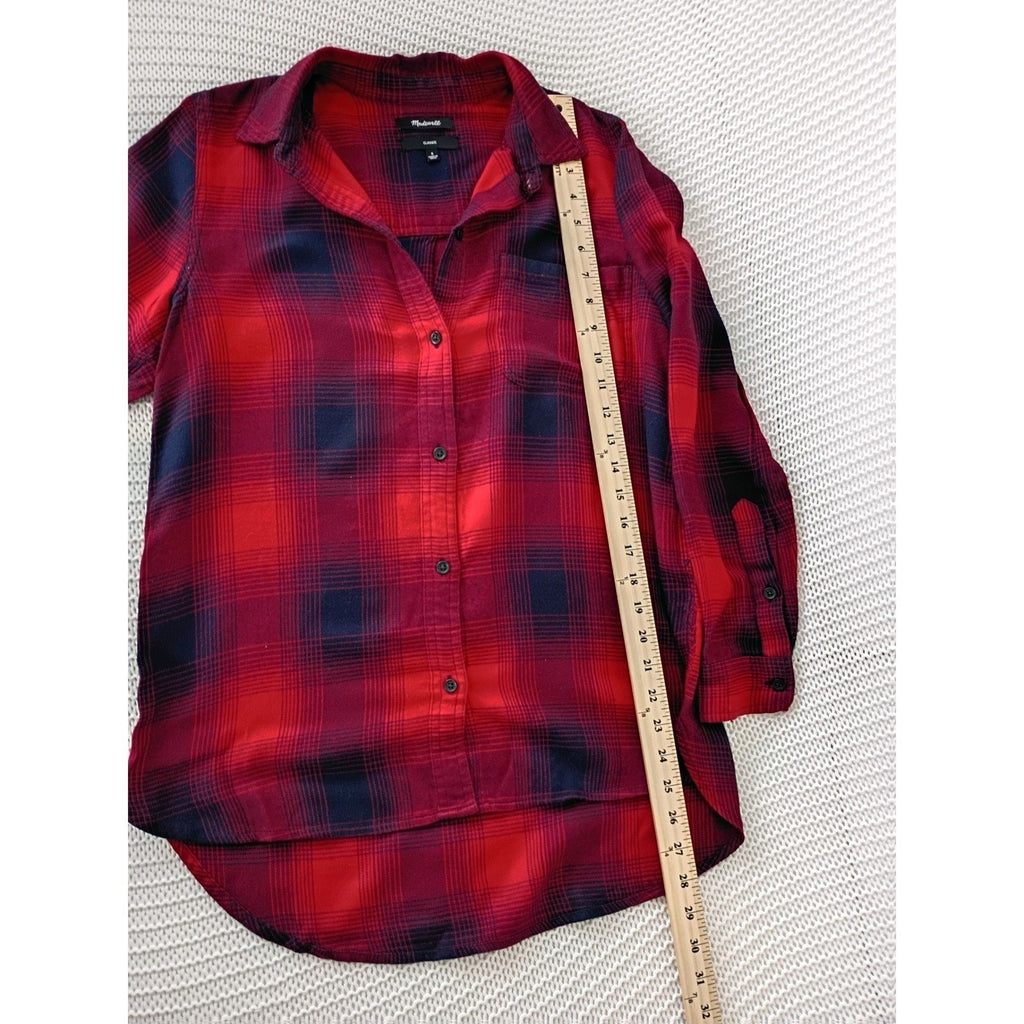Madewell Red Navy Plaid Button Down Shirt Cotton Blend Hi-Low Hem Fits Women M/L