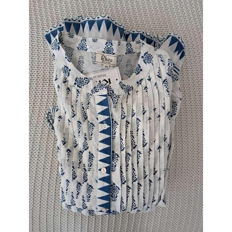 RHEA Blue White Block Print 100% Cotton Blouse L/XL Boho Bell Sleeve Tie Artisan