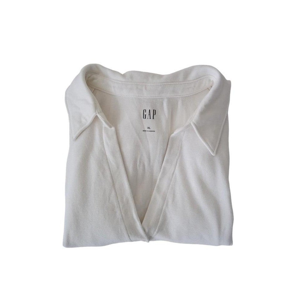 GAP Off White Long Sleeve Collared V Neck Button Up Cotton Modal Top Women XL