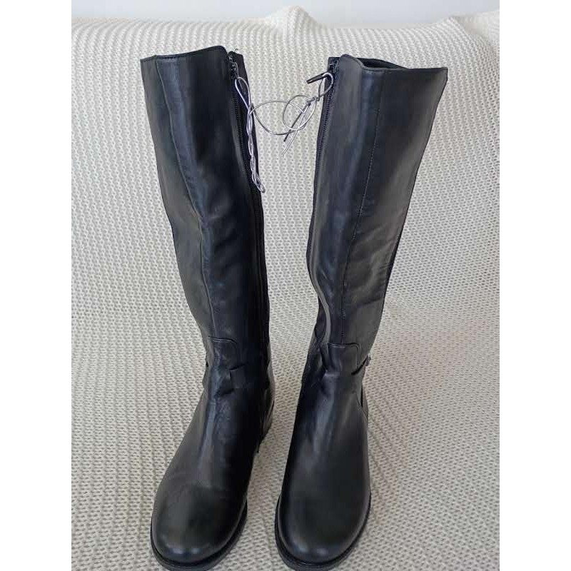 E TOO Black Leather Knee High Riding Boots Low Block Heel Buckle Detail 9