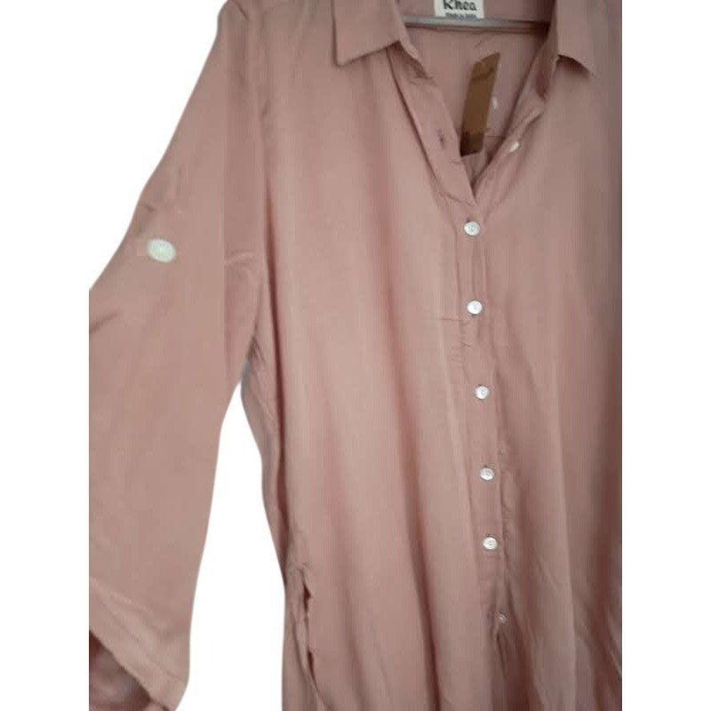 NWT RHEA Boho Dusty Pink Viscose High Low Button Down Shirt Dress OS Coastal