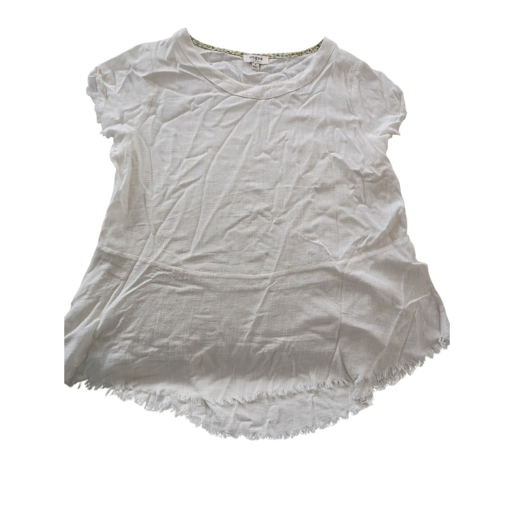 Umgee USA Linen Blend Top White Short Sleeve Raw Hem Floral Trim Women's S