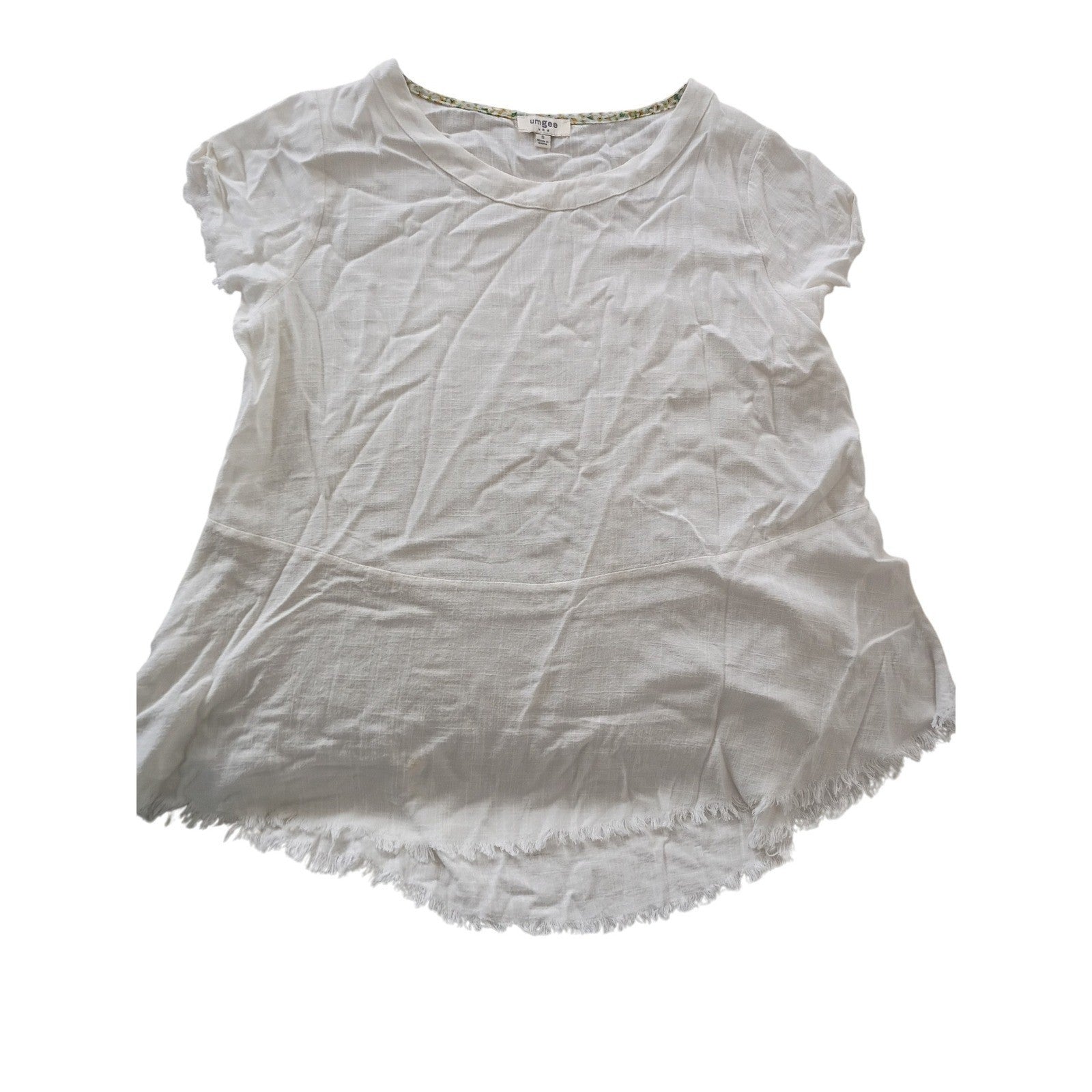 Umgee USA Linen Blend Top White Short Sleeve Raw Hem Floral Trim Women's S