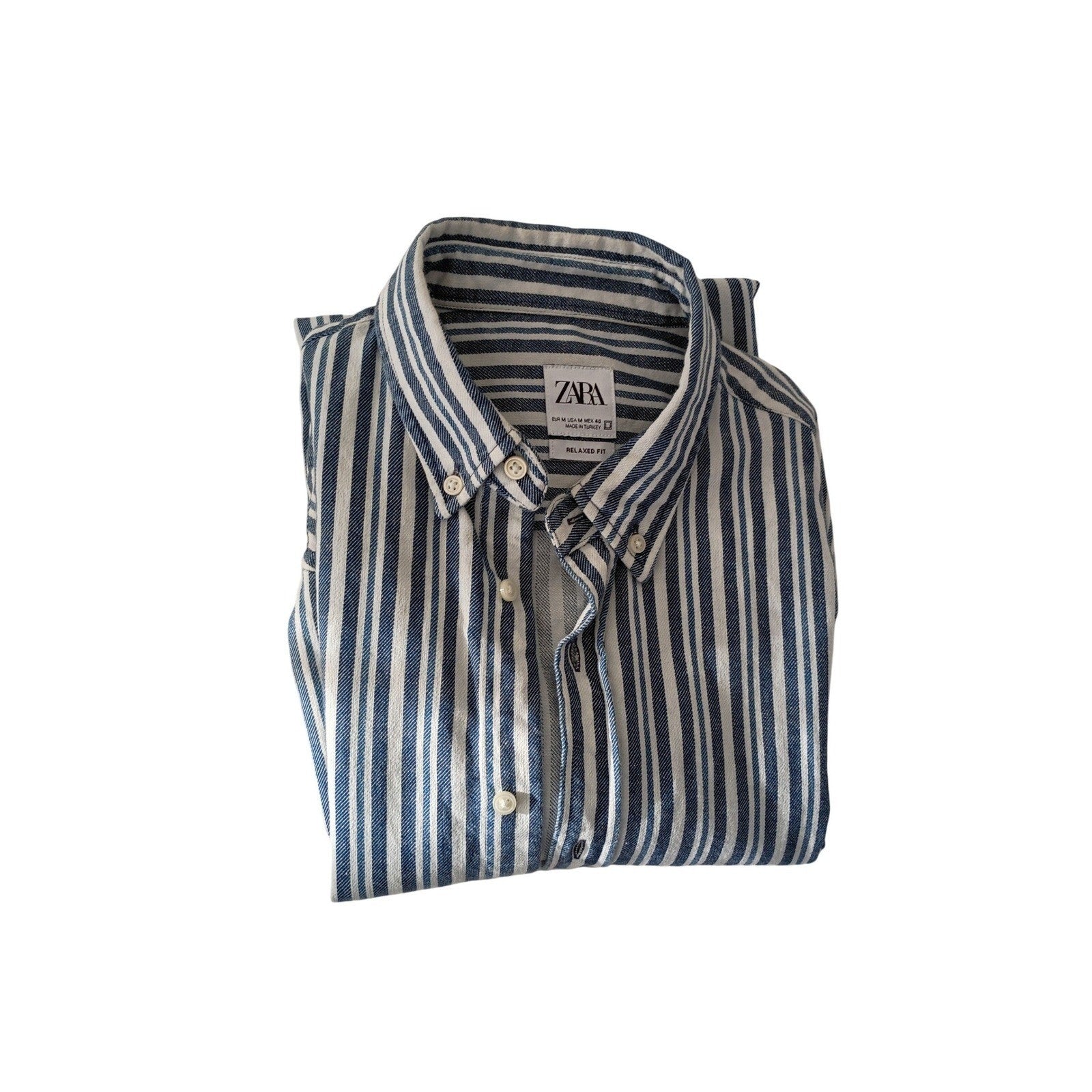 ZARA Men's Blue White Striped Button Down Shirt Medium 98% Cotton