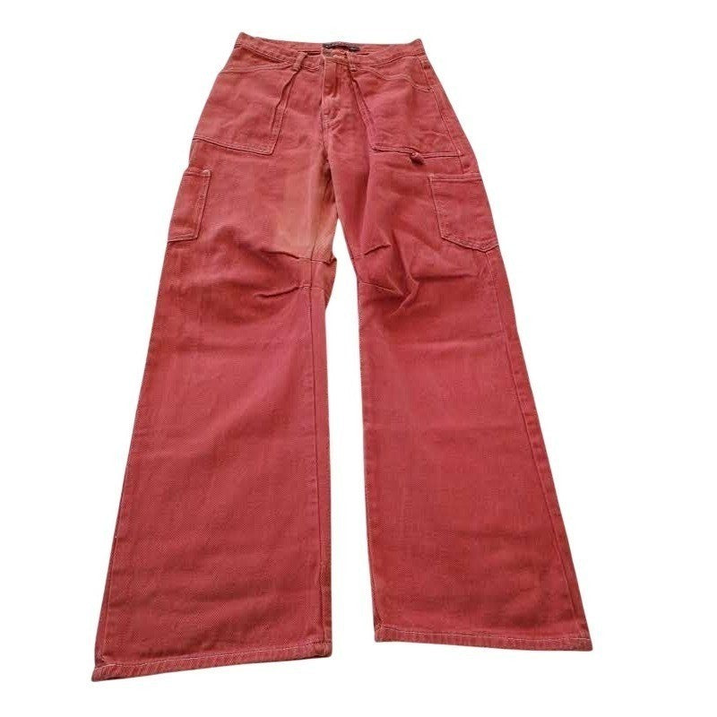 Lioness Australia Red Wide Leg Cargo Pant Contrast Stitch Cotton Denim W Size 27