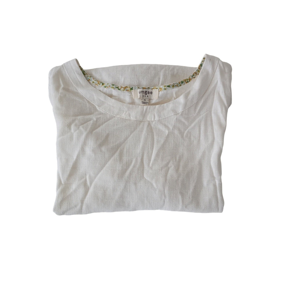 Umgee USA Linen Blend Top White Short Sleeve Raw Hem Floral Trim Women's S