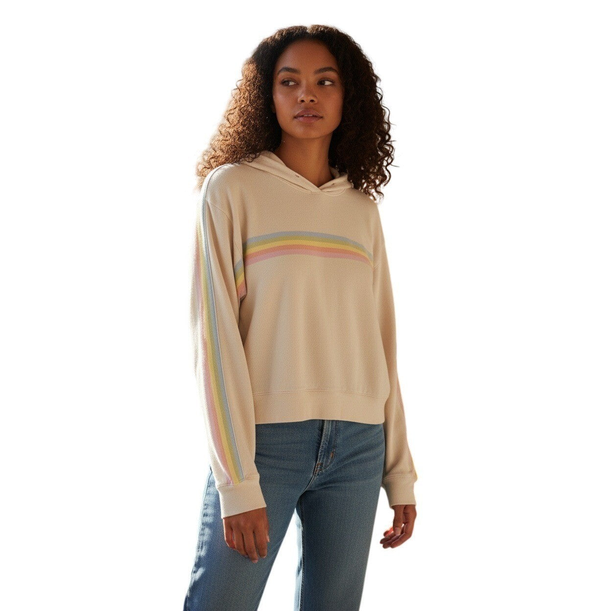 SPIRITUAL GANGSTER Rainbow Stripe Crop Hoodie M Cream Cotton Modal Yoga