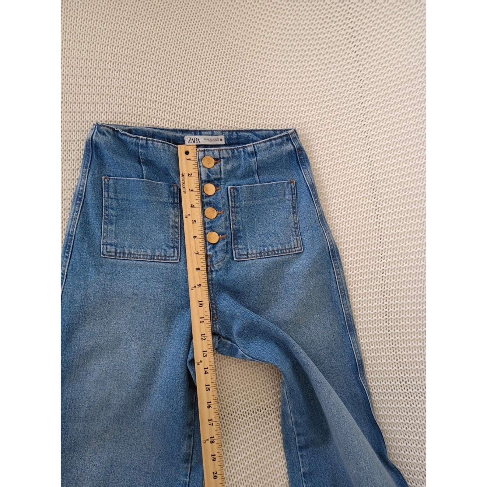 ZARA Super High Rise 13" Wide Leg Jeans Blue Patch Pocket Button Fly 4 W26x25