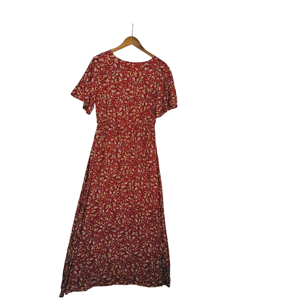 NWT Grecerelle Red Paisley Floral Maxi Dress V-Neck Short Sleeve Elastic Waist M