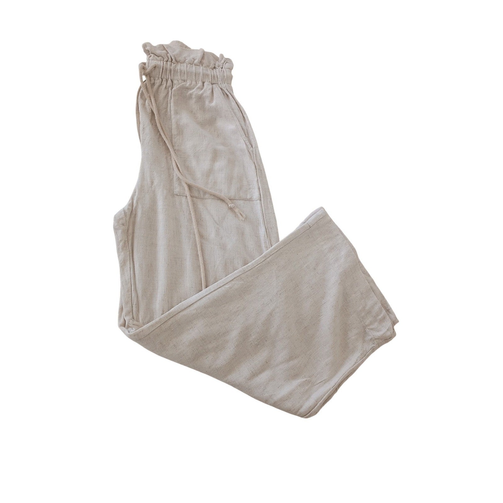 Linen Blend Wide Leg Pants Beige Paperbag Waist Drawstring Casual Comfort