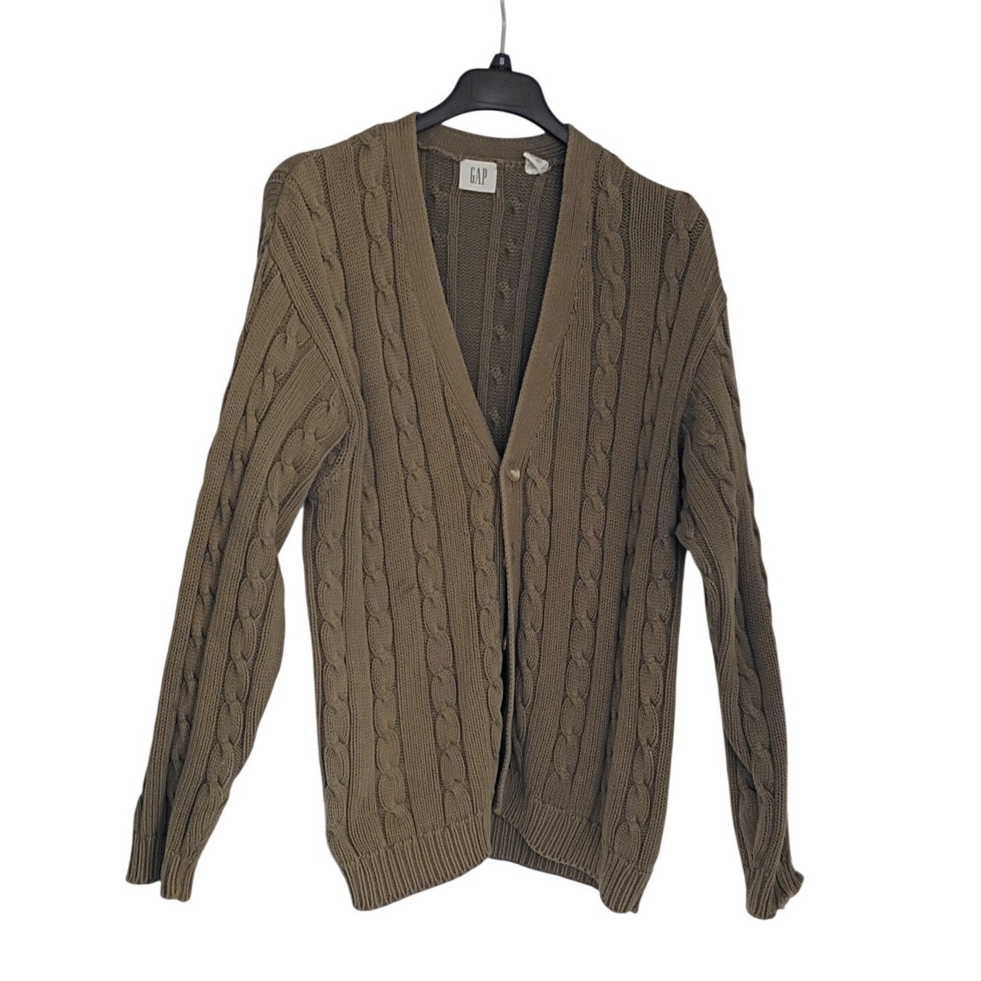 GAP Cable Knit Cardigan Sweater Olive Green Button Long Sleeve XL 100% Cotton