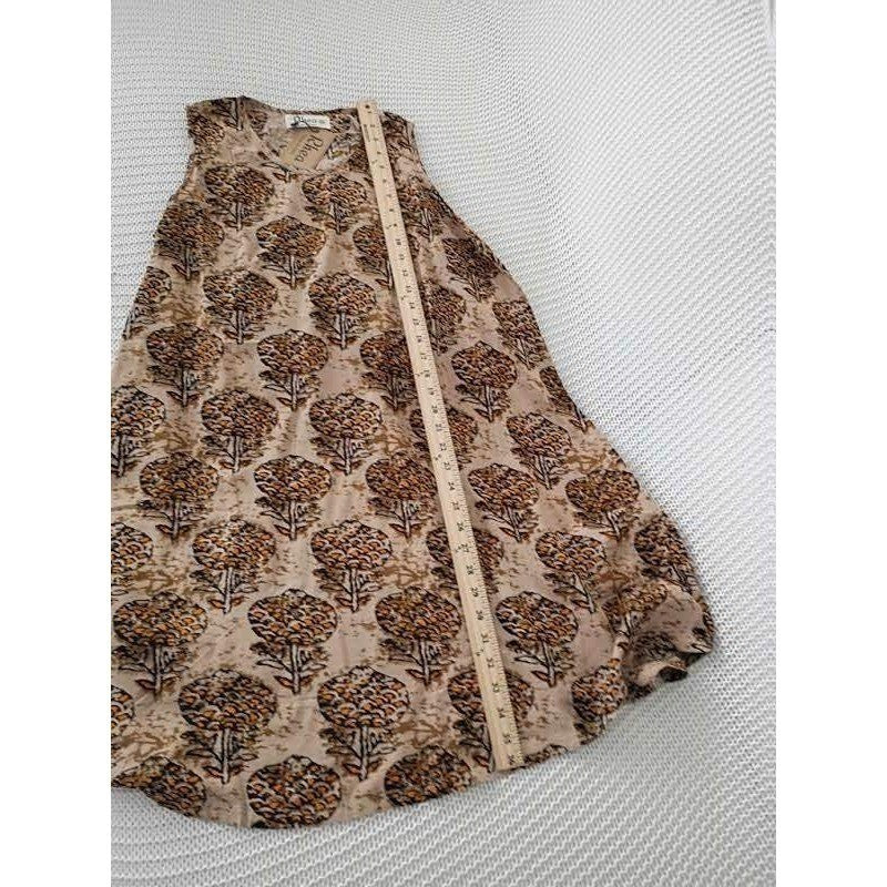 NWT RHEA Earthy Tan Orange Floral Tree Shift Dress S/M Artisan Boho Viscose