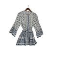 RHEA Blue White Block Print 100% Cotton Blouse L/XL Boho Bell Sleeve Tie Artisan