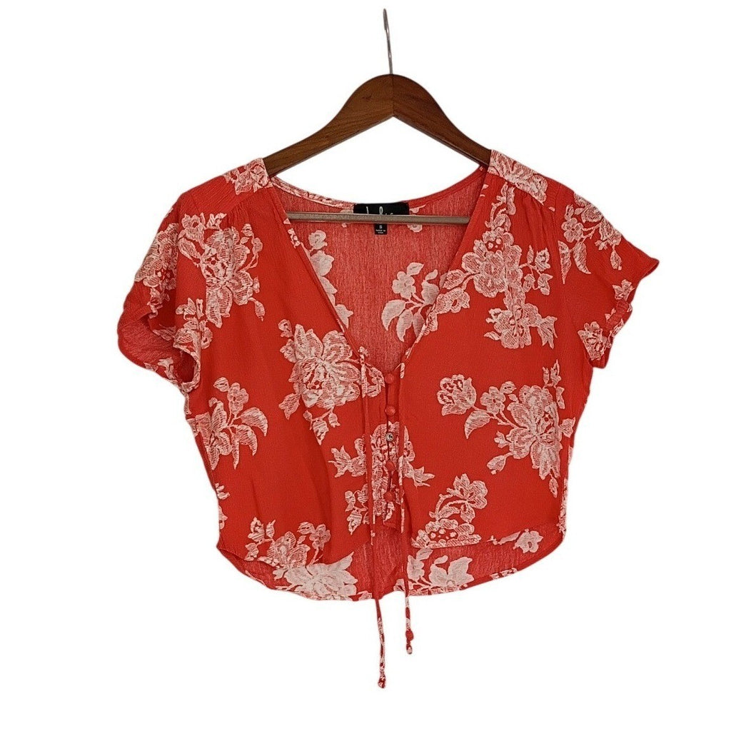 Lulus Coquette Red White Floral Tie Front Crop Top Puff Sleeve Milkmaid S