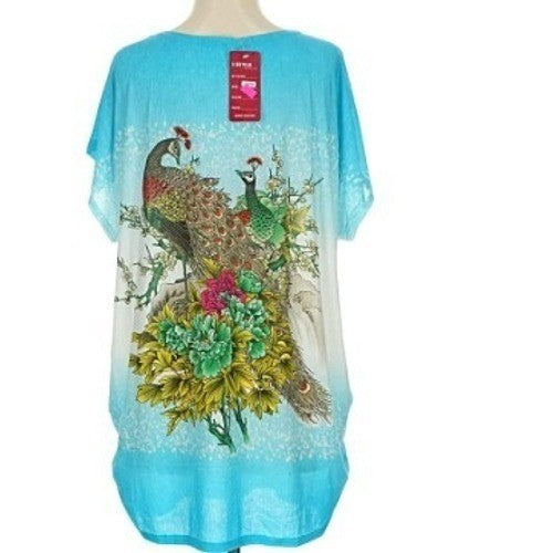 I STYLE Tropical Turquoise Blue Peacock Floral Print Sht Sleeve Tunic Top L