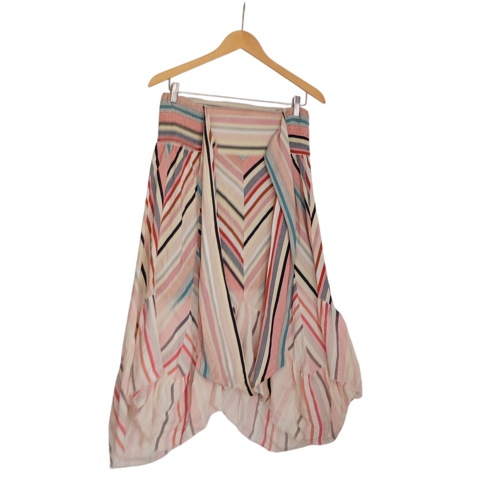Umgee USA NWOT Pink Blue Striped High-Low Ruffle Midi Skirt Smocked Boho S NWOT