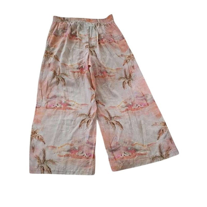 Rachel Zoe NWT Linen Blend Wide Leg Tropical Palm Tree Print Pants Peach Pink