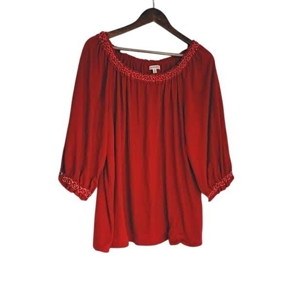 Max Studio Ruby Red Smocked Peasant Top XL Soft Boho Romantic Folk Embroidered