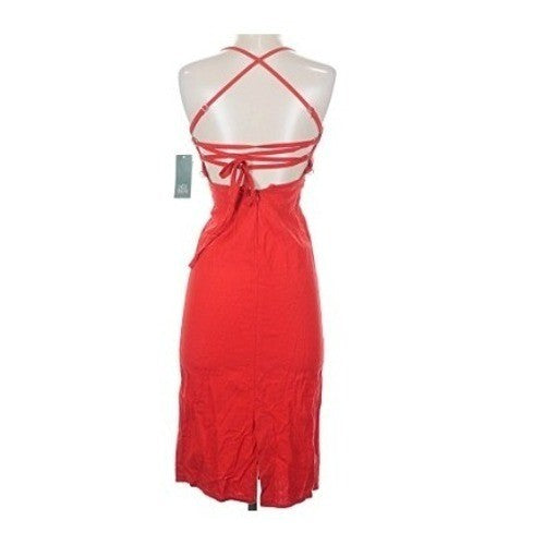 NWT Wild Fable Red Linen Blend Midi Dress Lace Up Back Cottagecore Boho Sun XS