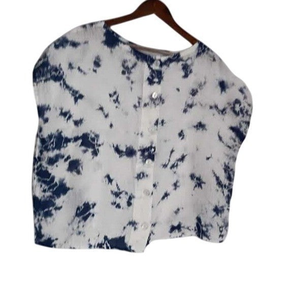 Rachel Zoe 100% Linen Blue White Tie Dye Boxy Short Sleeve Blouse Large  NWOT