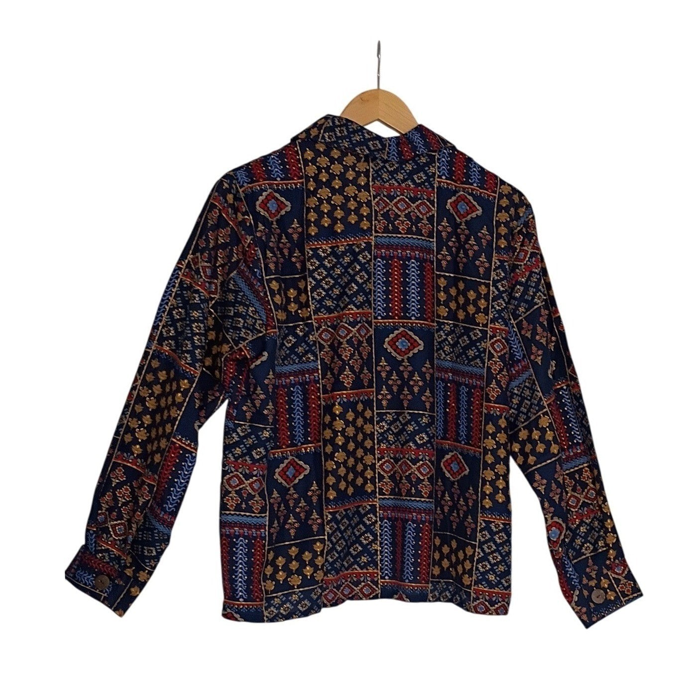RHEA NWT Silk Blend Navy Patchwork Block Print Button Down Shirt S/M Boho India