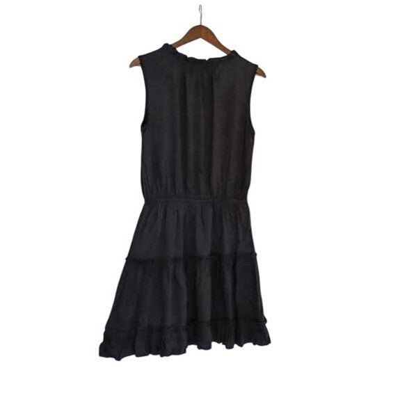 Insulation 100% Cotton Tiered Mini Dress M Black Ruffle Tie Neck Boho Dainty LBD