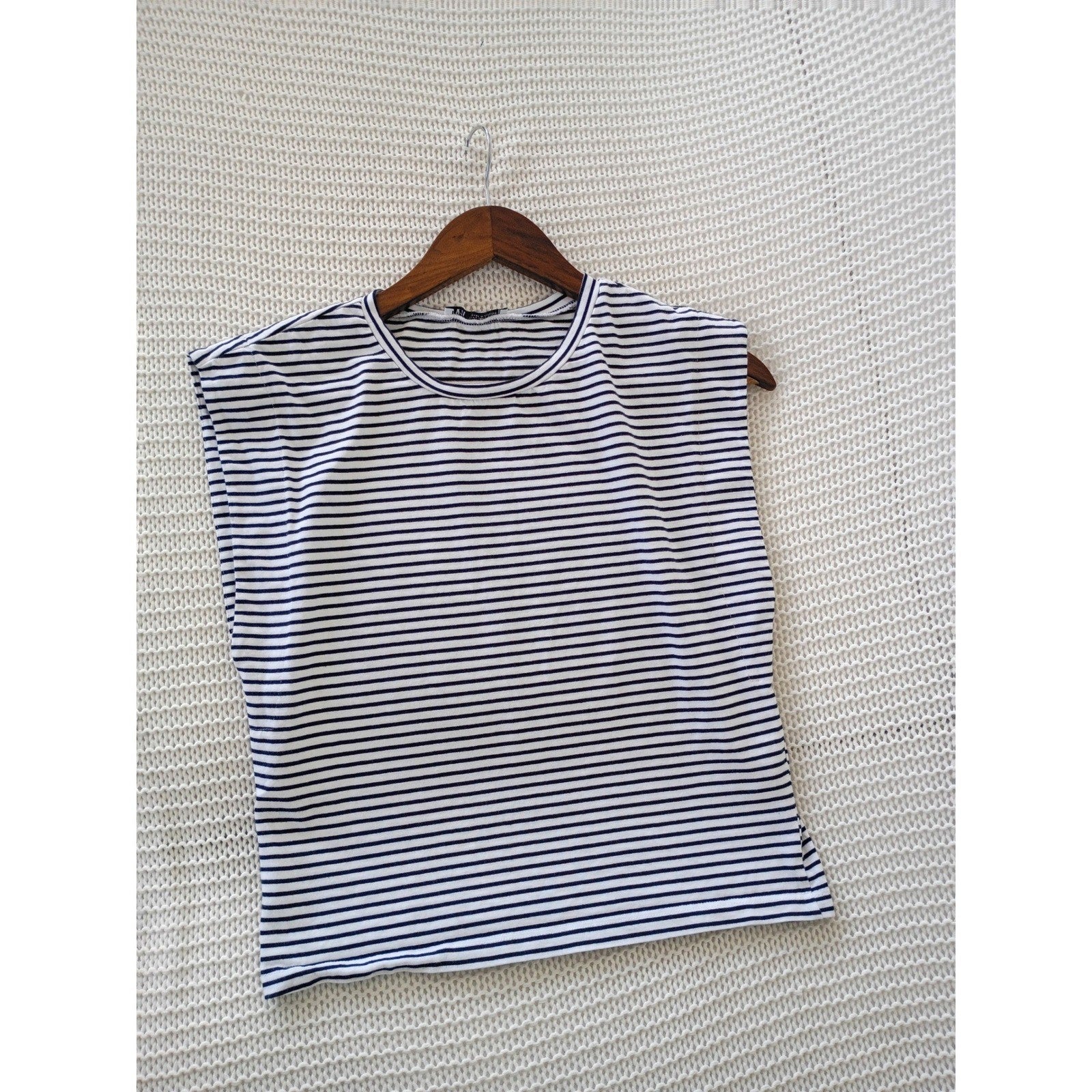 Zara Coastal Nautical Striped Tank Navy White Cotton Slvels Crew Neck Top S NWOT