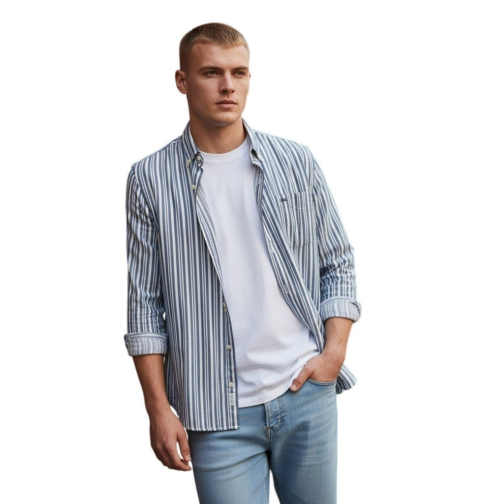 ZARA Men's Blue White Striped Button Down Shirt Medium 98% Cotton