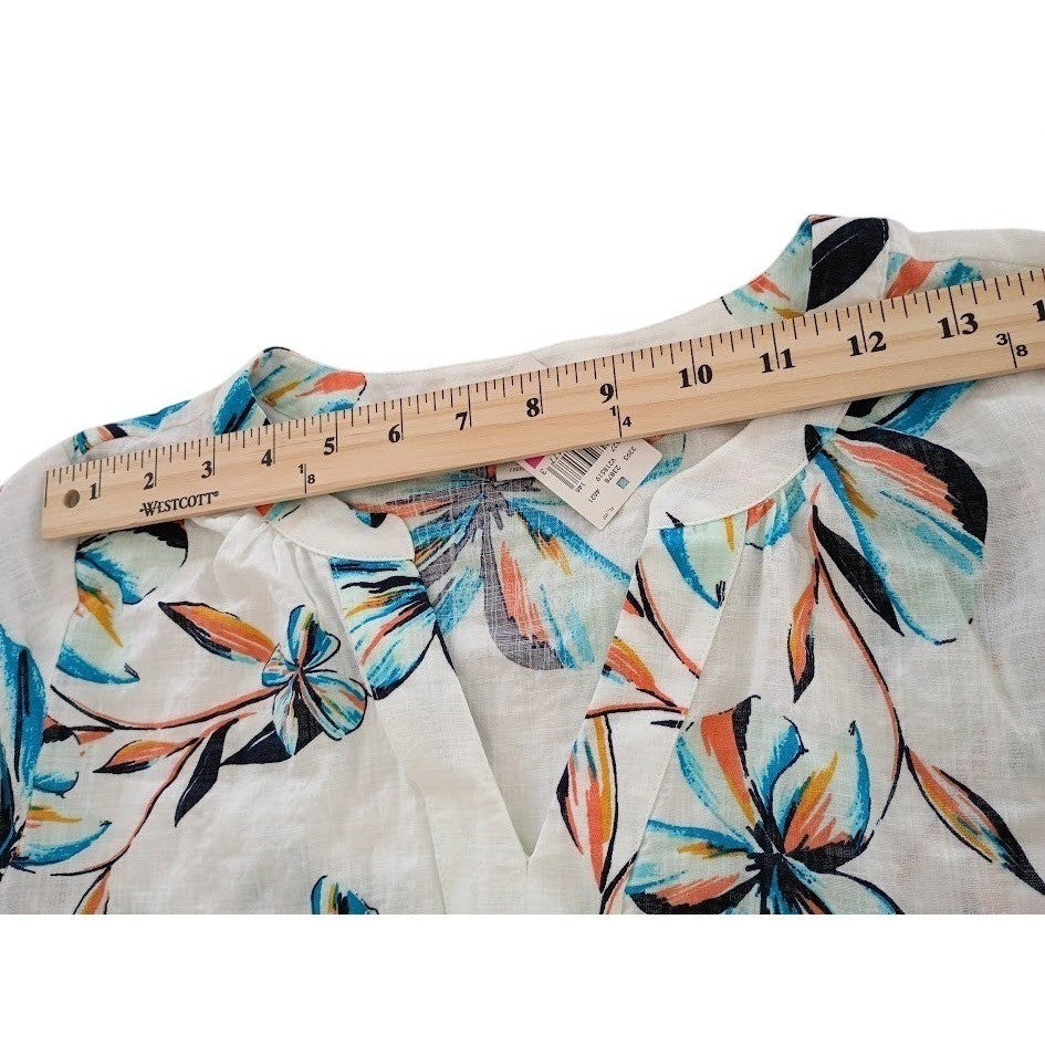 NWT Van Heusen Cotton White Floral Print 3/4 Sleeve V-Neck Top Minimalist S