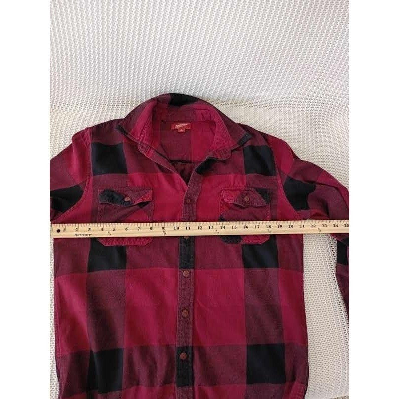 Arizona Jean Co 100% Cotton Flannel Shirt Buffalo Plaid Burgundy Blck Long Slv M