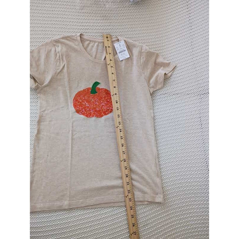 J.Crew NWT Collector Pumpkin Sequin Graphic Tee Shirt Beige 100% Cotton S