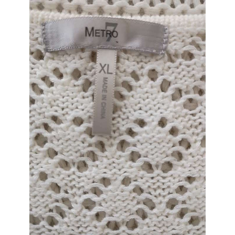 Metro 7  100% Cotton M/L White Crochet Knit Peplum V-Neck Top Short Sleeve