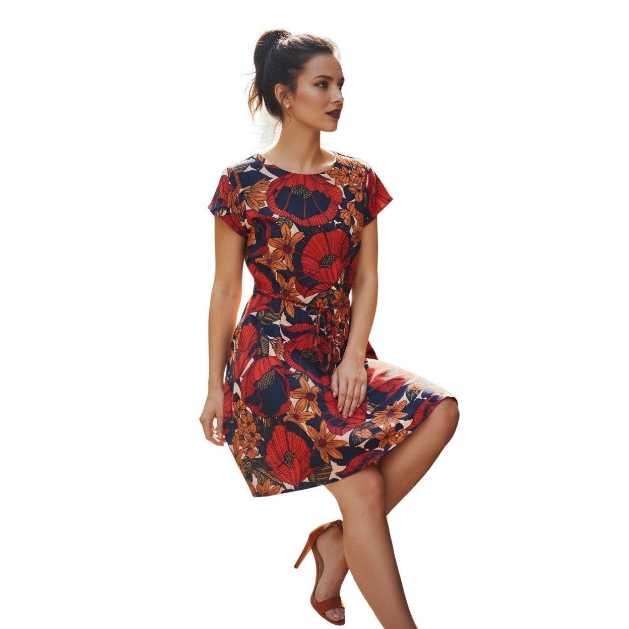 LOFT Poppy Floral Flutter Sleeve Tie Waist Mini Dress S Black Orange Boho Summer