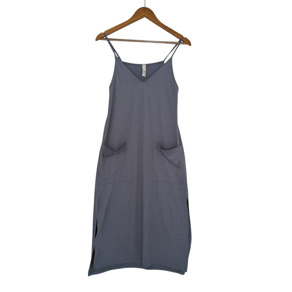 Jolie Gray Slip Midi Dress V Neck Spaghetti Strap Pockets Effortless S