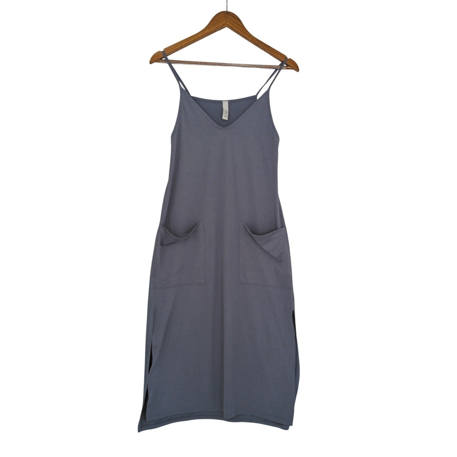 Jolie Gray Slip Midi Dress V Neck Spaghetti Strap Pockets Effortless S